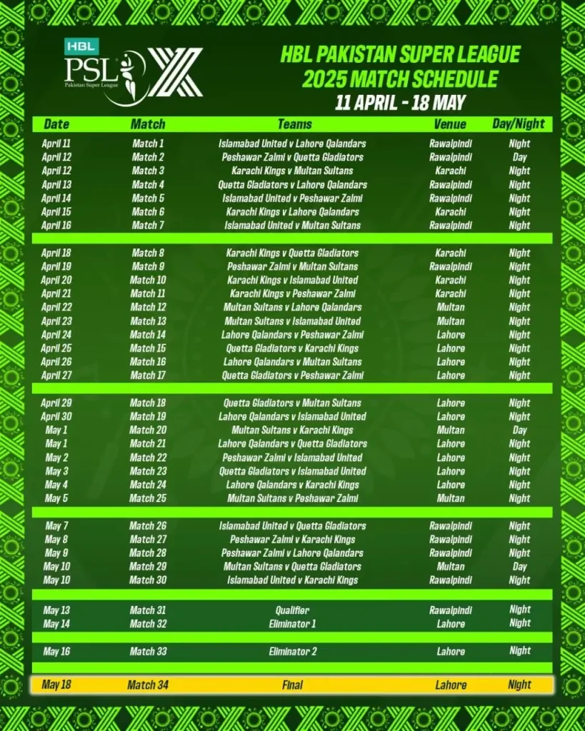PSL 10 Fixtures 2025